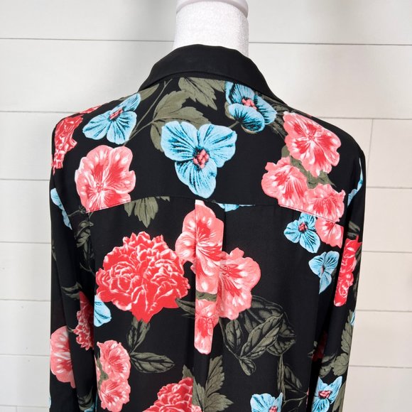 CeCe Black Pink & Blue Floral Semi Sheer Long Sleeve Blouse Size M - Picture 8 of 11